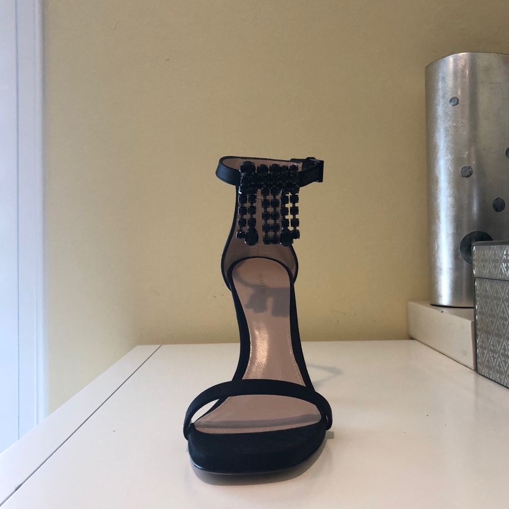 Stuart Weitzman Black Fringe Square Nudist Heels